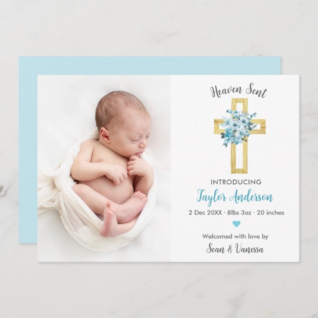 Christian Birth Announcement Photo Card Blue Cross (Front/Back)