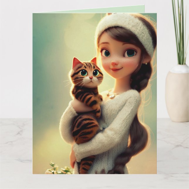 CHRISTIAN BIRTHDAY GIRL & CAT ART PHILIPPIANS 1:3  CARD (Front)