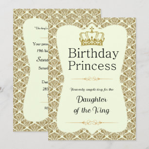 Christian Birthday Princess Gold and Cream Damask Invitation