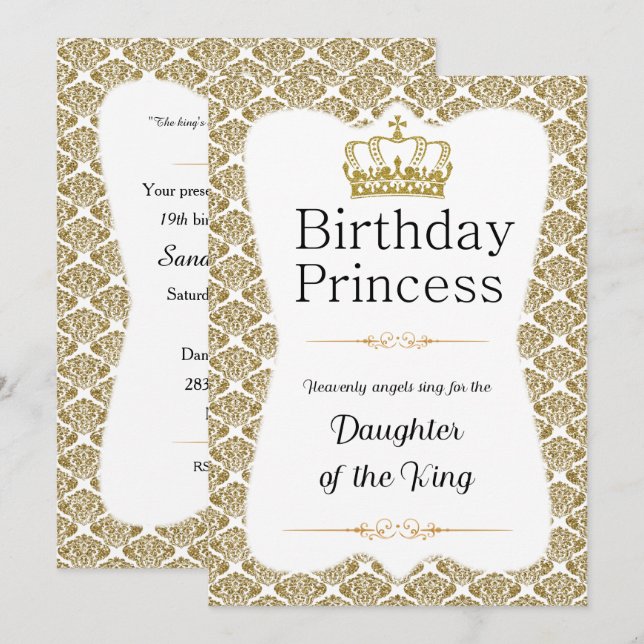 Christian Birthday Princess White and Gold Damask Invitation (Front/Back)