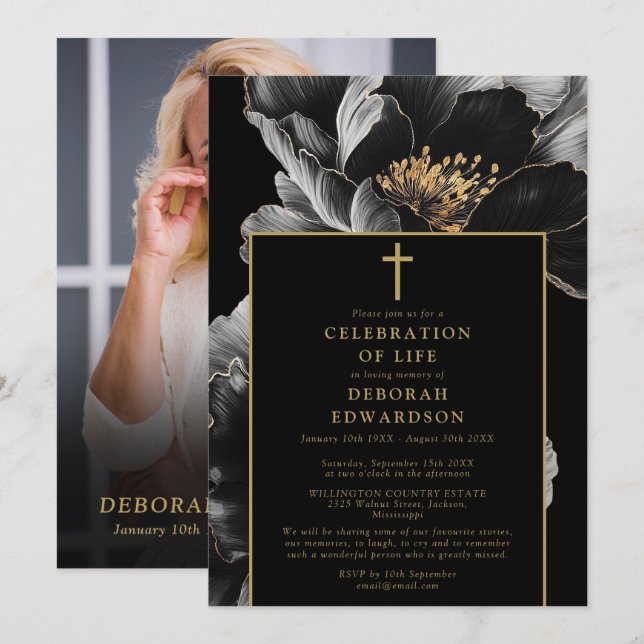 Christian Black And Gold Celebration Of Life Photo Invitation (Front/Back)