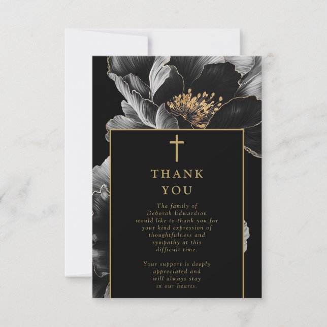 Christian Black Gold Celebration Of Life Funeral Thank You Card (Front)