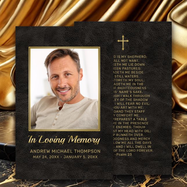 Christian Black Gold Photo Funeral Prayer Card (In Loving Memory Black Faux Leather Photo Funeral Card with Gold Cross.)