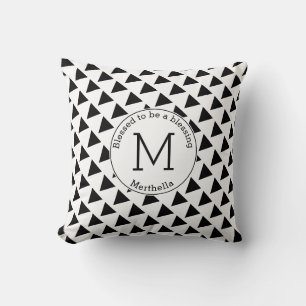 Christian Black White Triangles Monogram BLESSED Cushion