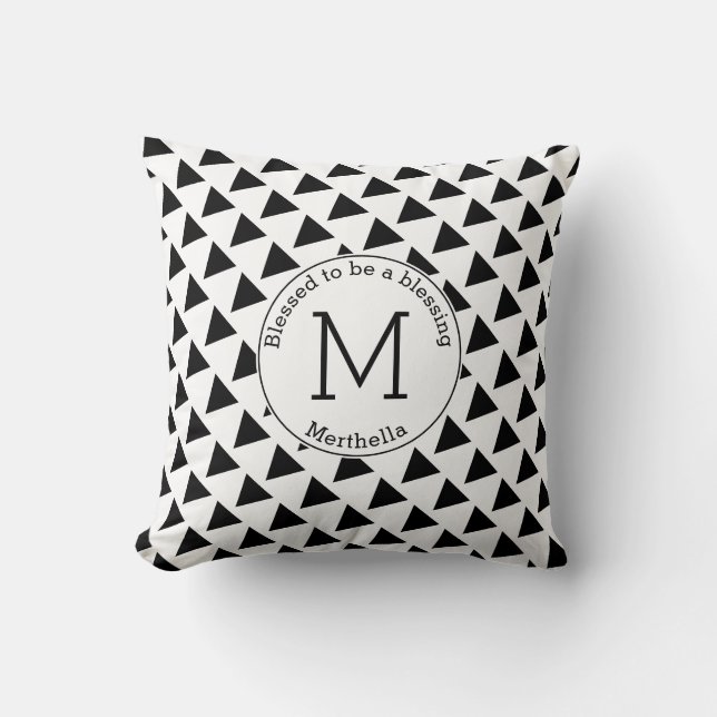Christian Black White Triangles Monogram BLESSED Cushion (Front)