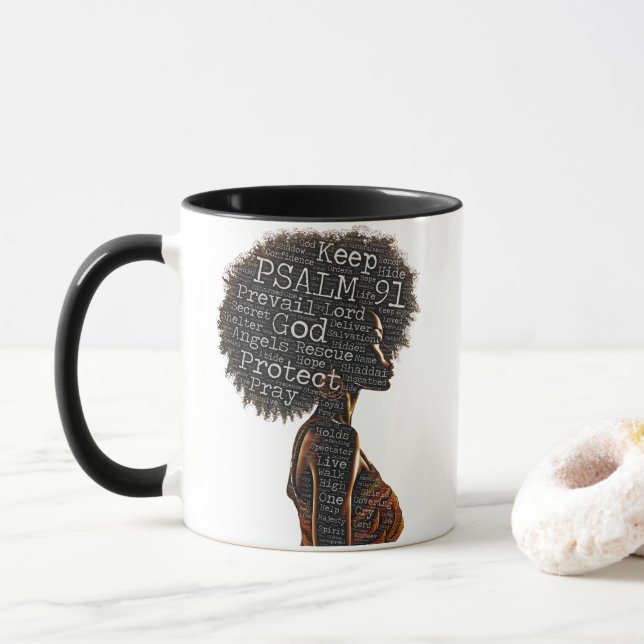 Christian Black Woman Natural Hair Psalm 91 Prayer Mug (With Donut)