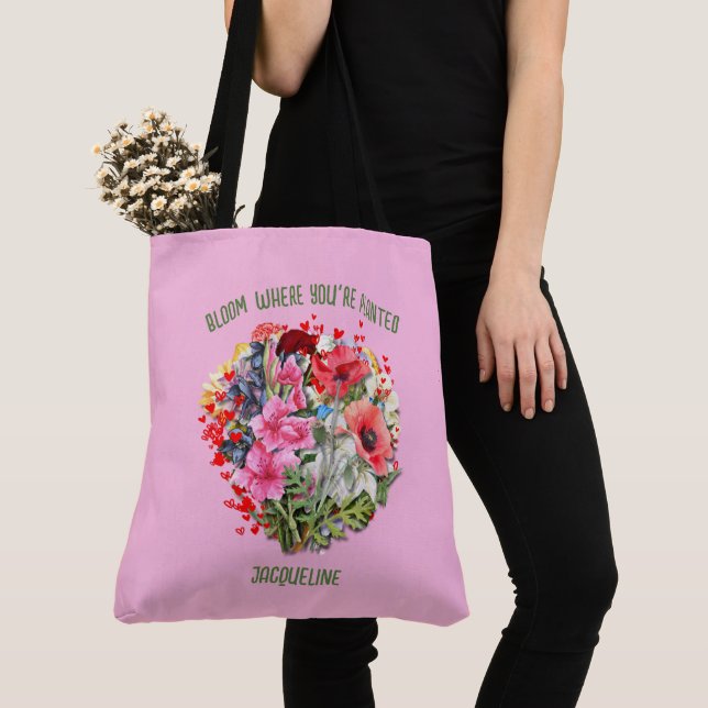 Christian BLOOM WHERE YOU'RE PLANTED Pink Floral Tote Bag (Close Up)