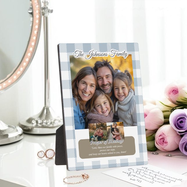 Christian Blue Buffalo Plaid Family Photo Collage Plaque (Creator Uploaded)