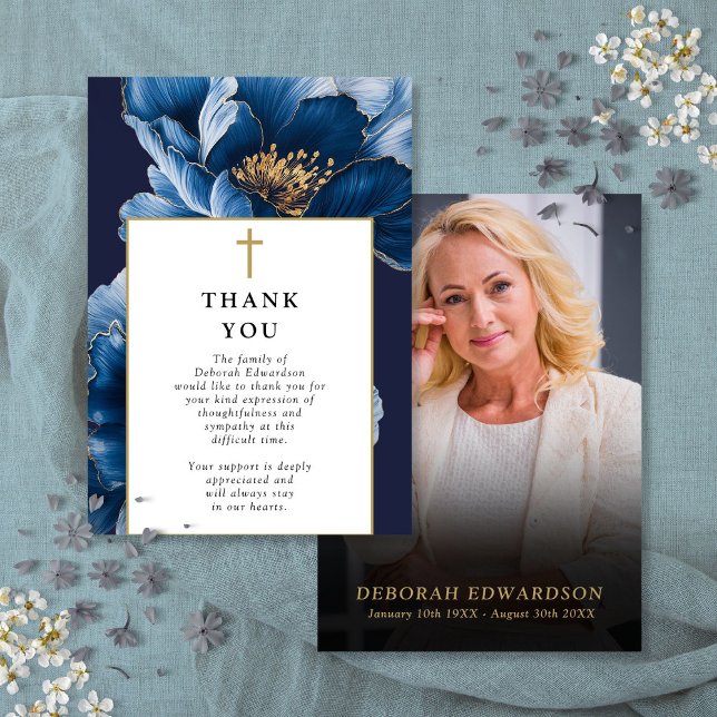 Christian Blue Celebration Of Life Funeral Photo Thank You Card (Christian Blue Celebration Of Life Funeral Photo Thank You Card)
