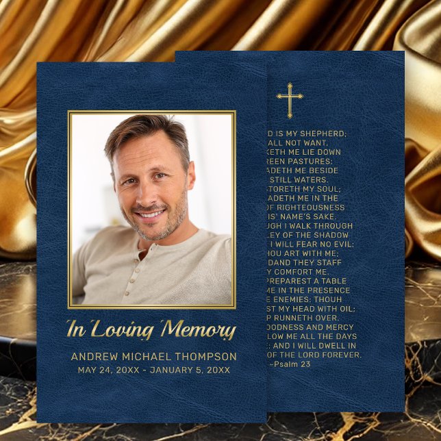 Christian Blue Gold Photo Funeral Prayer Card (In Loving Memory Blue Faux Leather Photo Funeral Prayer Card with gold cross.)