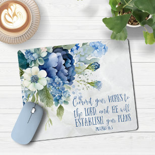 Christian Blue Marble Floral Marble Bible Verse Mouse Mat