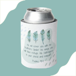 Christian Boho Feathers Psalm 91:4 Blue Green Can Cooler