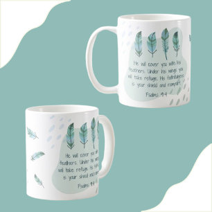 Christian Boho Feathers Psalm 91:4 Blue Green Coffee Mug