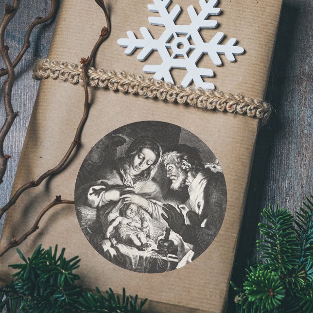 Christian Catholic Christmas Nativity Scene Manger Classic Round Sticker (Vintage Religious Christian Catholic Christmas Nativity Scene Bethlehem Manger Classic Gift Sticker)