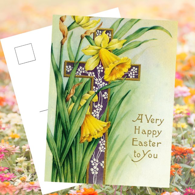 Christian Catholic Floral Cross Jesus Happy Easter Holiday Postcard (Vintage Religious Christian Catholic Floral Cross Jesus Christ is Risen Happy Easter  Postcard)