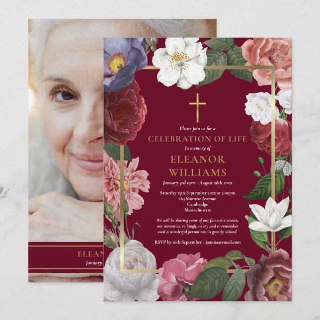 Christian Celebration of Life Burgundy Photo Invitation (Front/Back)