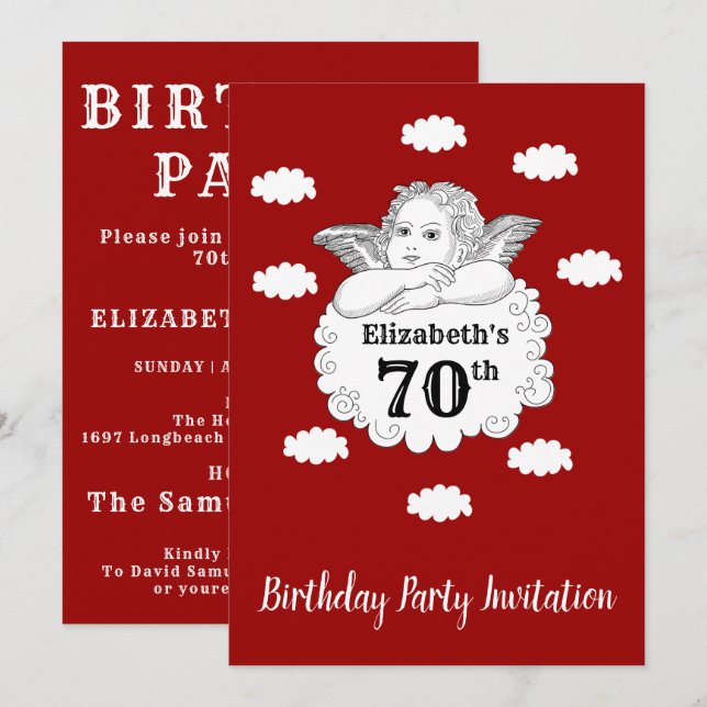 Christian Cherub Angel Happy 70th Birthday Red Invitation (Front/Back)