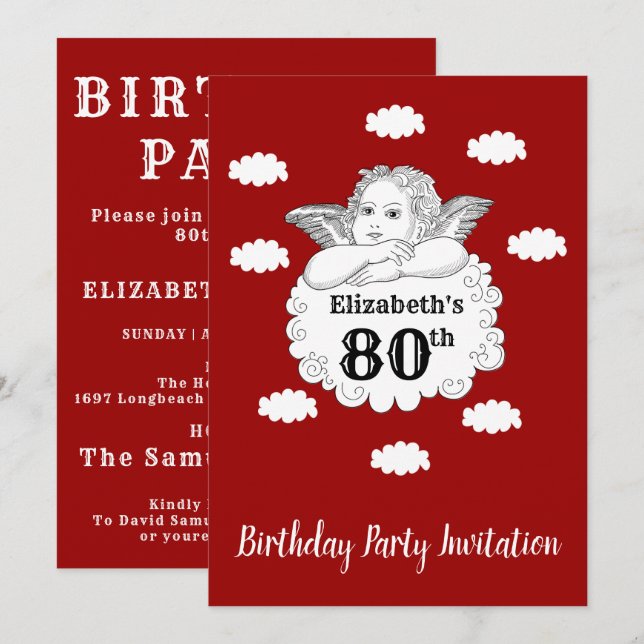 Christian Cherub Angel Happy 80th Birthday Red Invitation (Front/Back)