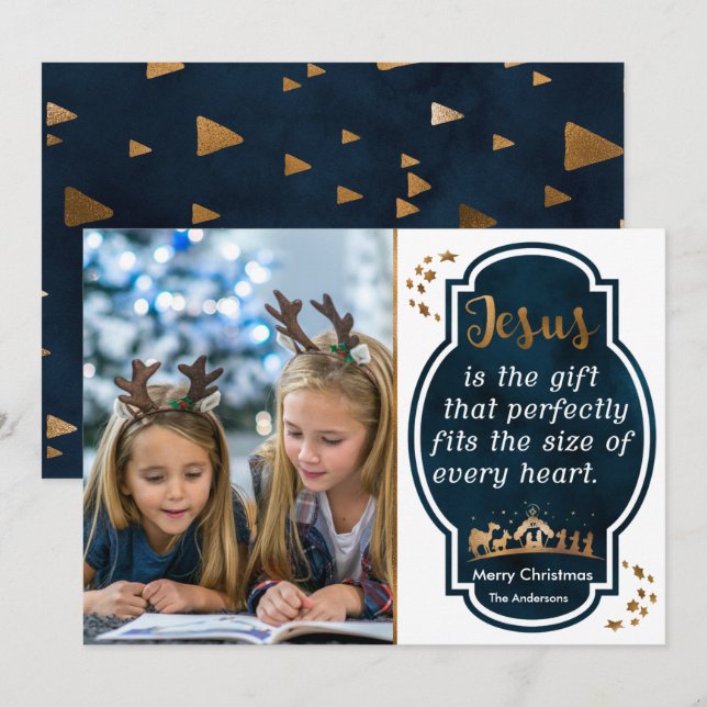Christian Christmas Blue Nativity Quote Photo Holiday Card (Front/Back)