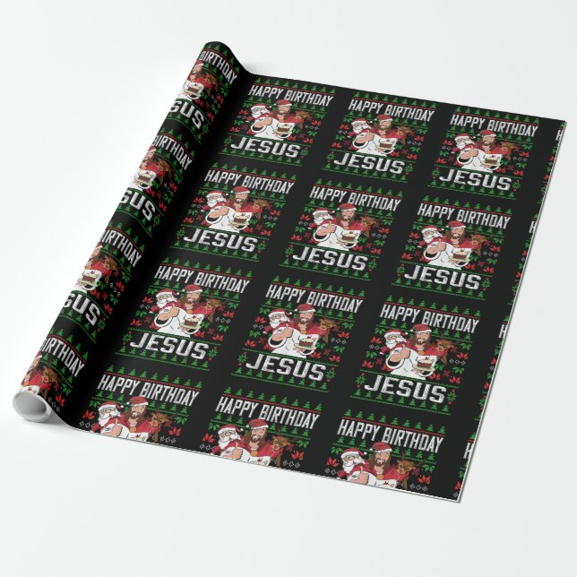 Christian Christmas HAPPY BIRTHDAY JESUS Family Ma Wrapping Paper (Unrolled)