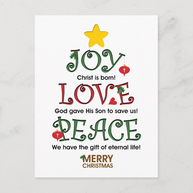 Christian Christmas Joy Love and Peace Holiday Postcard (Front)