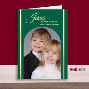 Christian Christmas Photo Emerald Green Gold Foil Greeting Card
