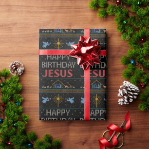 Christian Christmas Sweater Happy Birthday Jesus Wrapping Paper