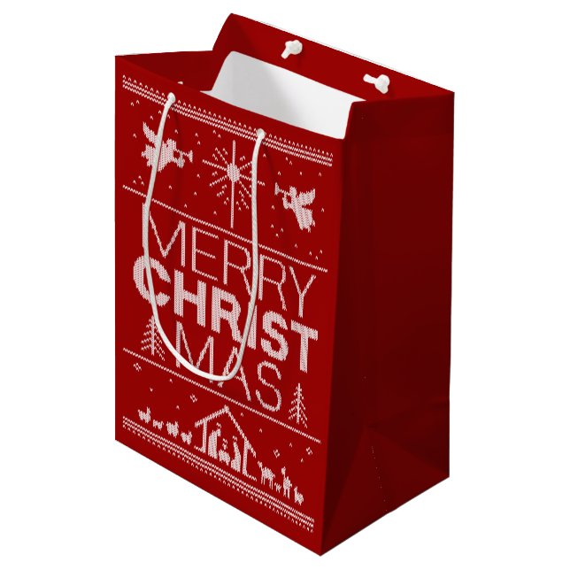 Christian Christmas Sweater Merry Christmas Christ Medium Gift Bag (Front Angled)