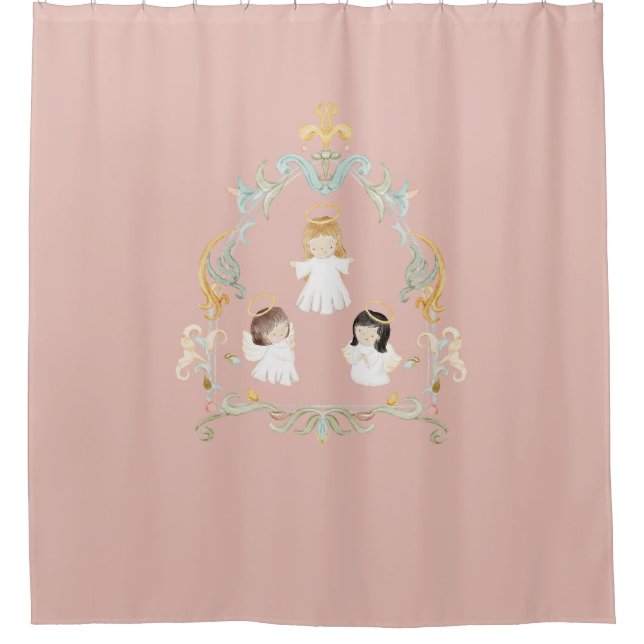 Christian Christmas Watercolor Angels Pink Shower Curtain (Front)