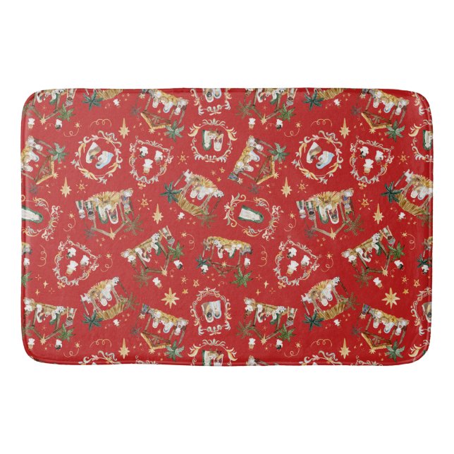 Christian Christmas Watercolor Nativity Red Bath Mat (Front)