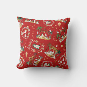Christian Christmas Watercolor Nativity Red Cushion