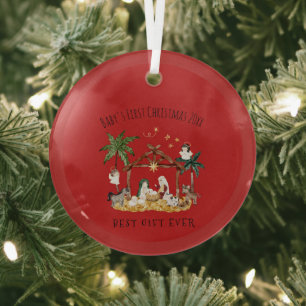 Christian Christmas Watercolor Nativity Red Glass Tree Decoration