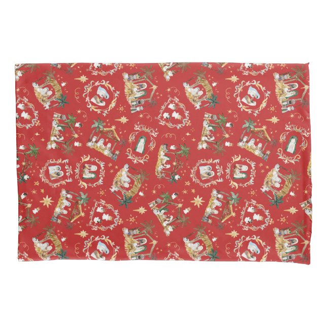 Christian Christmas Watercolor Nativity Red Pillowcase (Front)