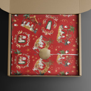 Christian Christmas Watercolor Nativity Red Wrapping Paper