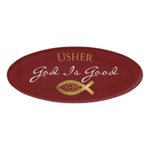 Christian Church Ministry Usher Ichthys Red Name Tag