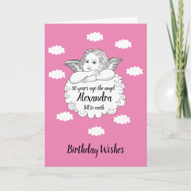 Christian Cloud Angel Happy 30th Birthday Pink Card (Front)