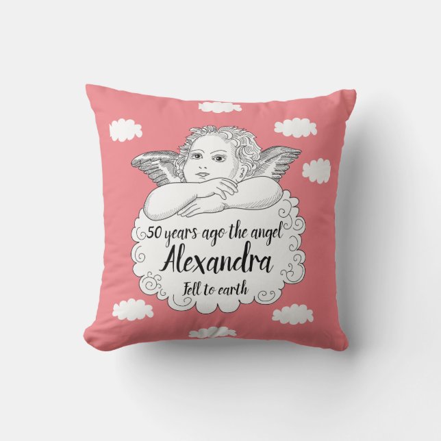 Christian Cloud Angel Happy 50th Birthday Pink Cushion (Front)