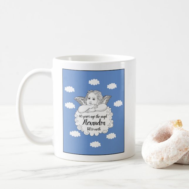 Christian Cloud Angel Happy 60th Birthday Coffee Mug (With Donut)