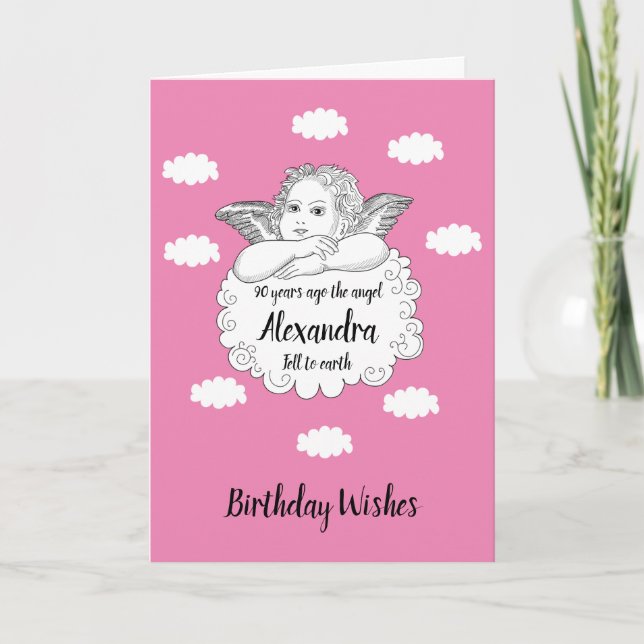 Christian Cloud Angel Happy 90th Birthday Pink Card (Front)