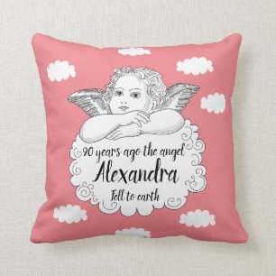Christian Cloud Angel Happy 90th Birthday Pink Cushion