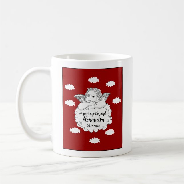 Christian Cloud Angel Happy 90th Birthday Red Coffee Mug (Left)