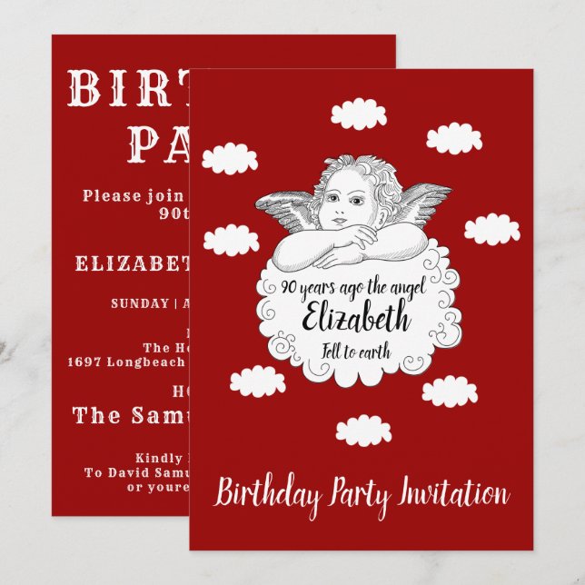 Christian Cloud Angel Happy 90th Birthday Red Invitation (Front/Back)