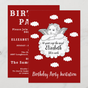 Christian Cloud Angel Happy 90th Birthday Red Invitation