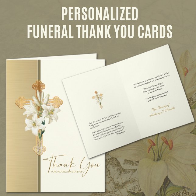 Christian Condolence Thank You Cross Lilies (Personalized Funeral Thank You Cards with Gold Cross, Lily and Scripture Verse)
