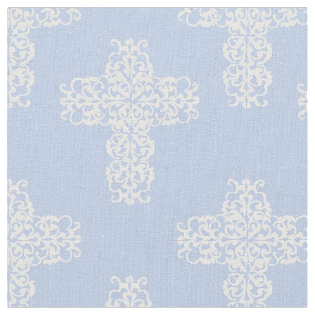 Christian Corss White on Blue Damask Pattern Fabric (Close Up)