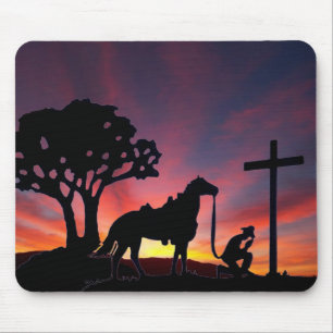 Christian Cowboy horse praying at the cross sunset Mouse Mat