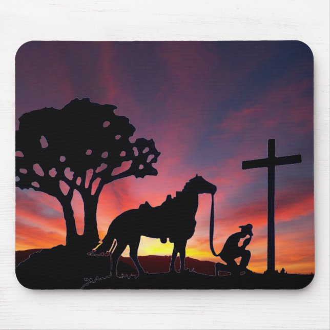 Christian Cowboy horse praying at the cross sunset Mouse Mat (Front)