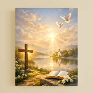 Christian Cross and Bible Sunrise Poster