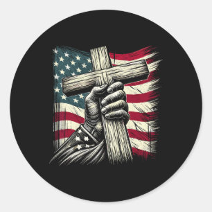 Christian Cross And Usa Flag 4th Of July Jesus  Classic Round Sticker