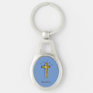 Christian Cross Blue Custom Name Keychain
